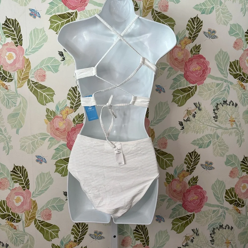 Cupshe Encounter Textured Lace Up Bralette and High Waist Bikini Small NWT - Picture 9 of 9